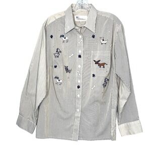 Dog Embellished Striped Button Shirt Womens XL Rhinestones Artsy Kitschy Country